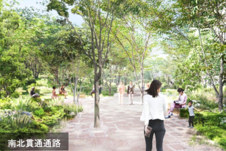 CGI render of the Roppongi 5-Chome West Redevelopment showing a large green park space