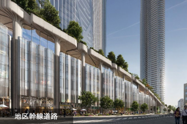 CGI render of the Roppongi 5-Chome West Redevelopment showing a Modern glass facade with shops along a wide road