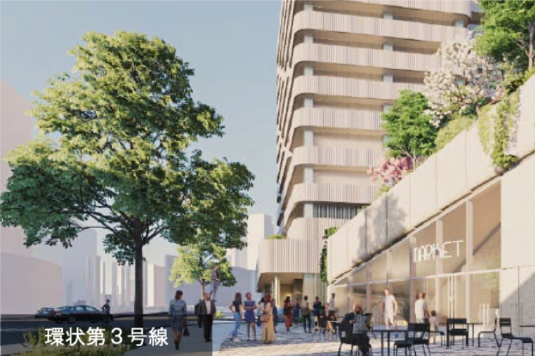 CGI render of the Roppongi 5-Chome West Redevelopment showing a modern shop front area with wide streets