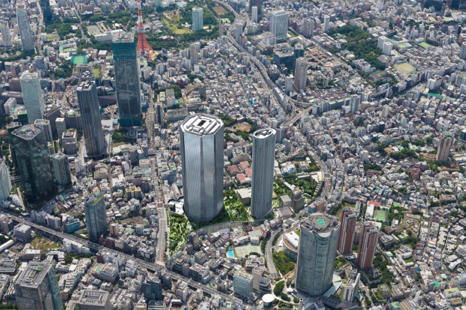 CGI render, from above, of the Roppongi 5-Chome West Redevelopment showing its location in Tokyo next to Roppongi Hills, near Azabudai hills and Tokyo Tower