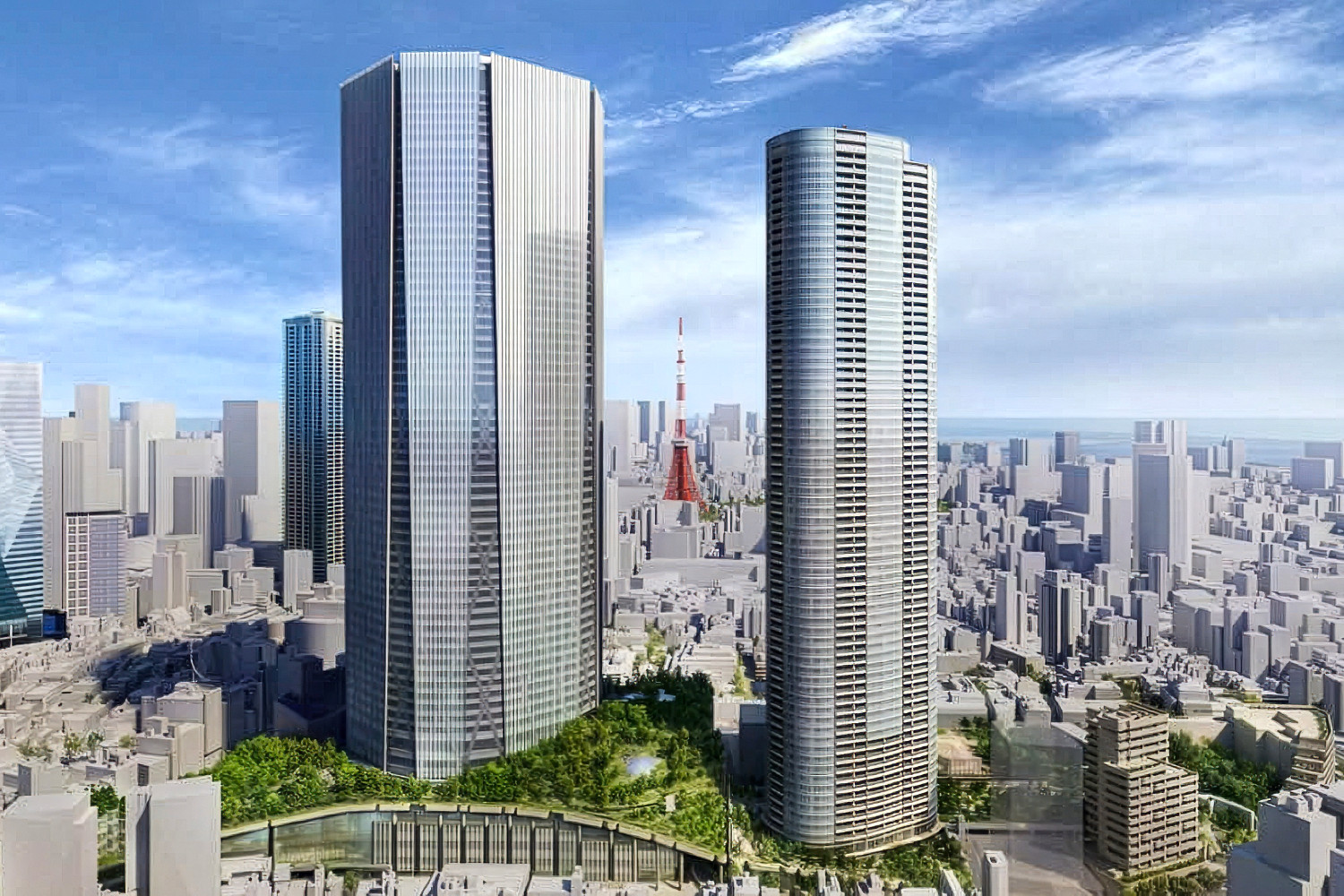 Roppongi 5-Chome West Redevelopment CGI rendered image showing 2 towers with Tokyo Tower in the background. 
