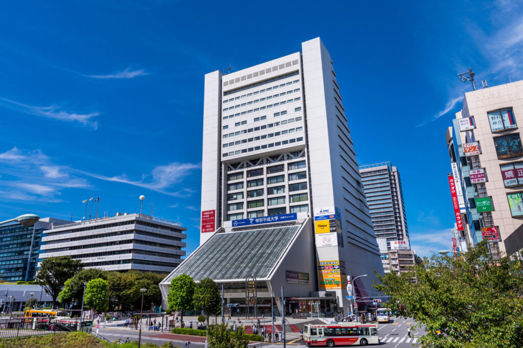 Nakano Sunplaza from the station, the white triangular landmark beside Nakano Station in Tokyo