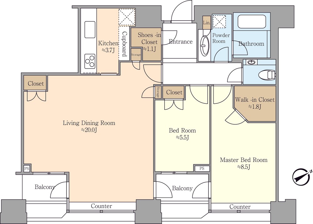 A floor plan of the Roppongi Tokyo Club Residence Minato, Tokyo showing a 2LDK design. 