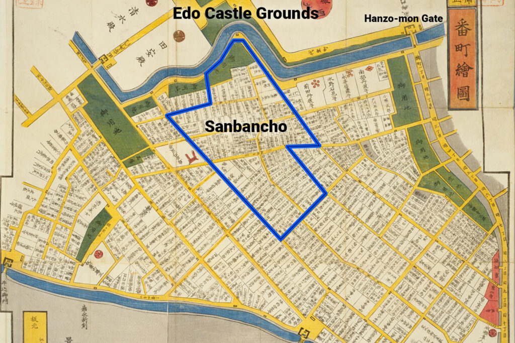 historical map from the late Edo period showing the Banchō districts of central Edo, with Sanbancho outlined in blue adjacent to the Edo Castle grounds.