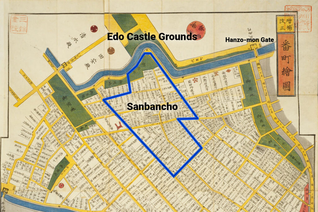 An Image of a historical map from the late Edo period showing the Banchō districts of central Edo, with Sanbancho outlined in blue adjacent to the Edo Castle grounds