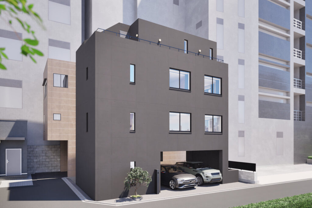 A CGI Image of the exterior of The Sanbancho House showing the 2 undercover parking spaces, A Luxury Development by Housing Japan