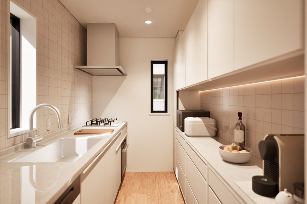 A CGI image of the kitchen in Sanbancho House, A Luxury Development by Housing Japan