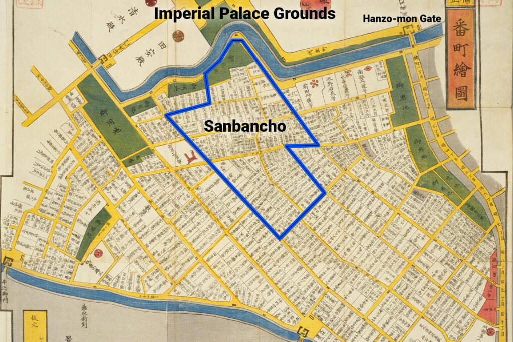 historical map from the late Edo period showing the Banchō districts of central Edo, with Sanbancho outlined in blue adjacent to the Imperial Palace grounds.