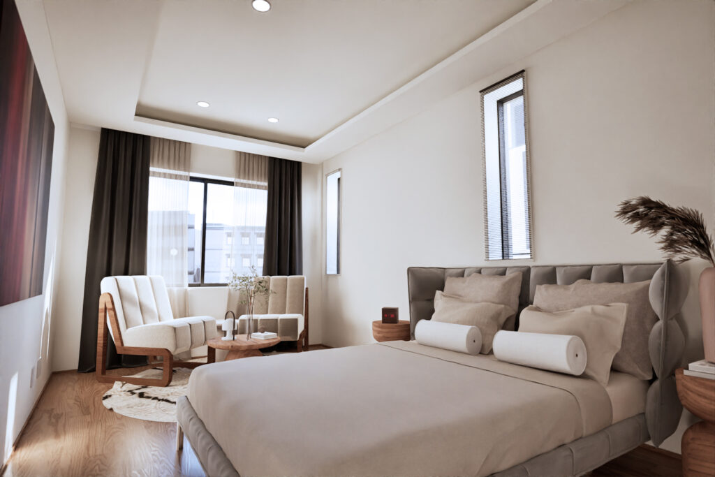 An interior CGI render of Sanban cho House showing the Bedroom. A luxury development by Housing Japan.