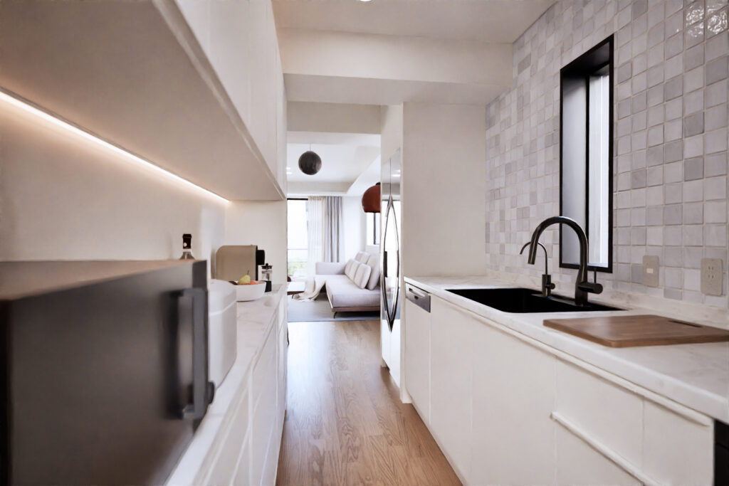 An interior CGI render of Sanban cho House showing the Kitchen. A luxury development by Housing Japan.