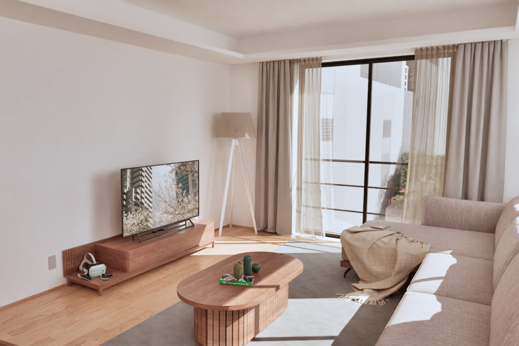 An interior CGI render of Sanban cho House showing the living area. A luxury development by Housing Japan.