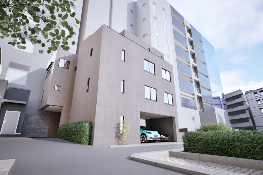 An exterior CGI render of Sanban cho House. A luxury development by Housing Japan.