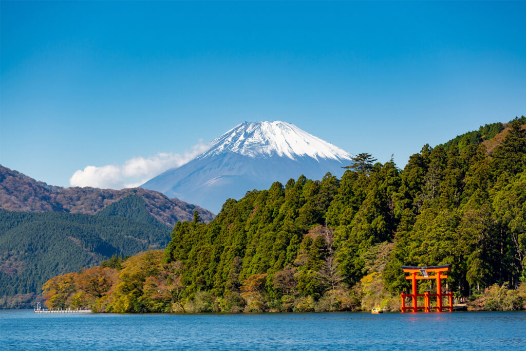 Hakone: Art and Hot Springs Within Reach showing the beautiful Peace Torii over Lake Ashi and Mount Fuji.