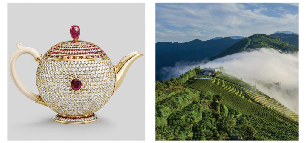 Newby Teas, an image of The Egoist, the most valuable tea pot in the world and an Oolong tea plantation in Taiwan.