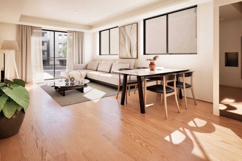 The Sanbancho House, A Luxury Development by Housing Japan - A CGI render showing the spacious living and dining space
