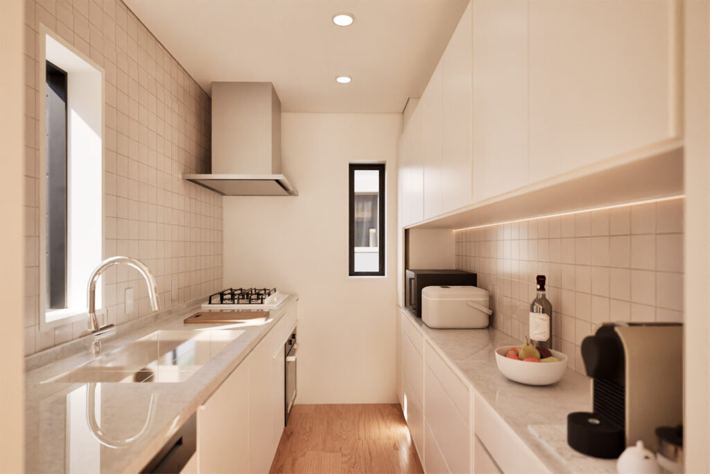 The Sanbancho House, A Luxury Development by Housing Japan - A CGI render showing the well-equipped kitchen