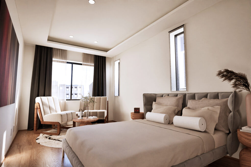 The Sanbancho House, A Luxury Development by Housing Japan - A CGI render showing the large master bedroom