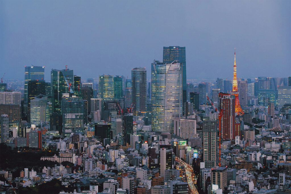 Minato Ward from above showing Tokyo Tower, Roppongi Hills, Azabudai Hills and Toranamon Hills