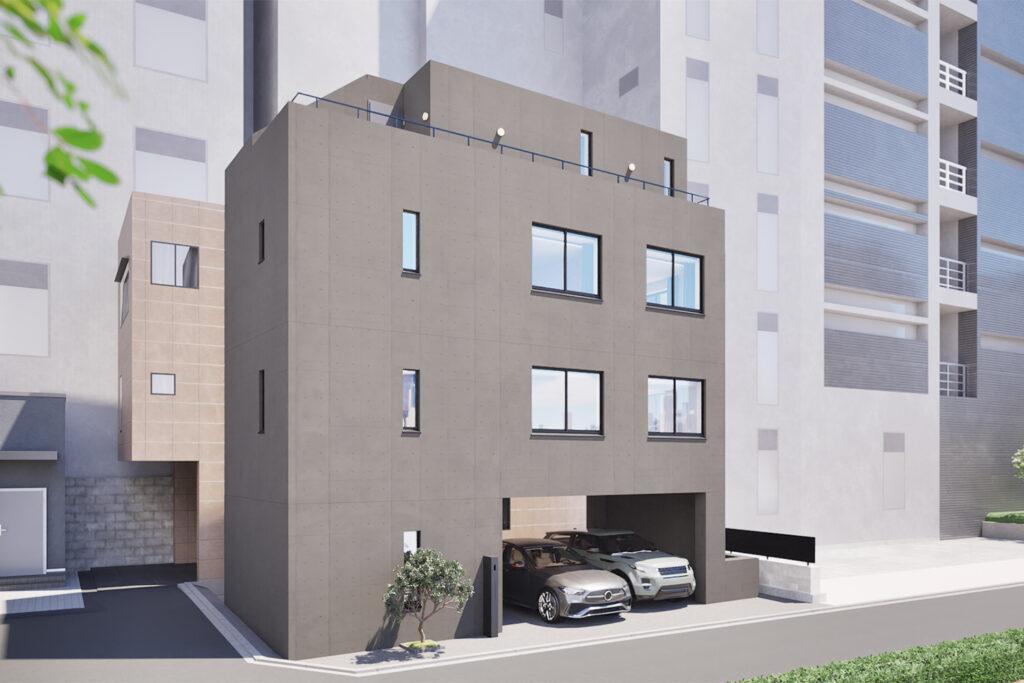 The Sanbancho House, A Luxury Development by Housing Japan - A CGI render showing the exterior with the 2 undercover parking spaces