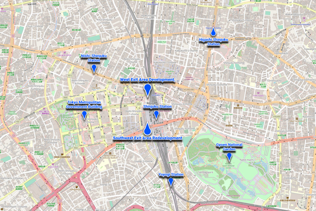 A map around the Shinjuku Station labelling the key features of the 2 key areas of the Redevelopment as well as important nearby areas.