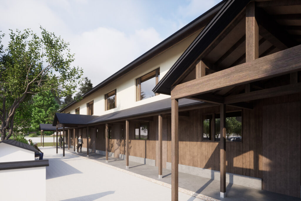 An image of External CGI renders of newly developed Iwatake Terrace Rentals. Showing the front doors adn local soured timber frontage.