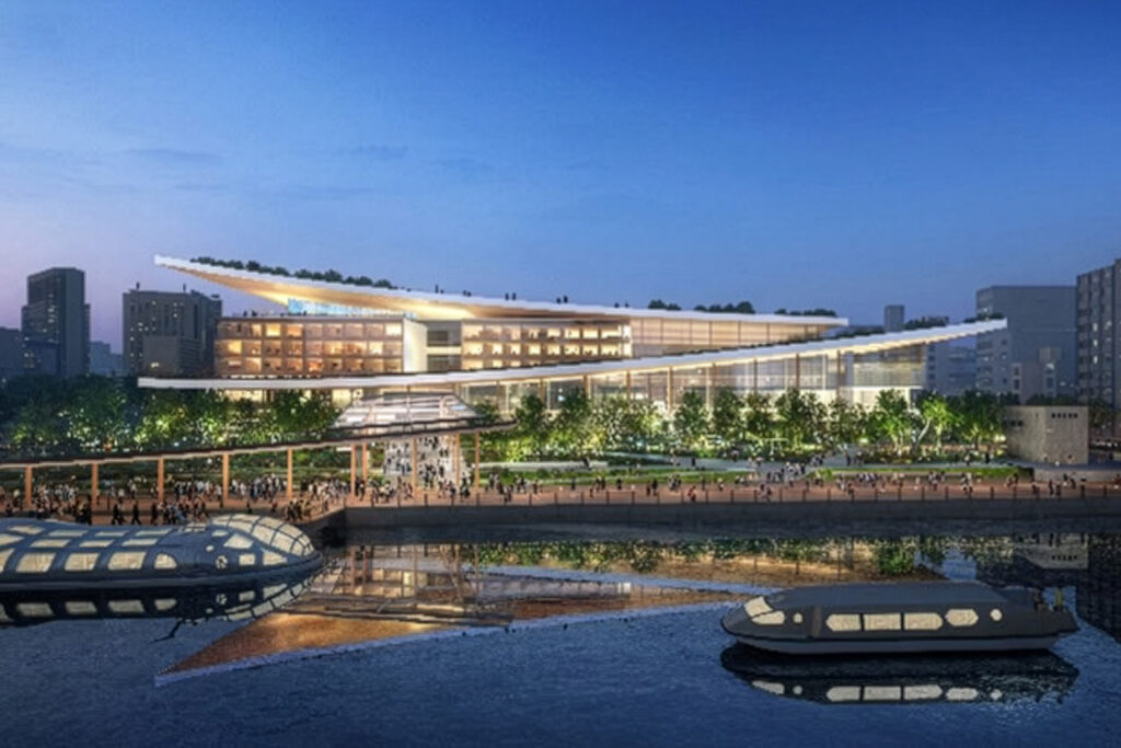 CGI Render waterfront at night of Tsukiji District Redevelopment Project