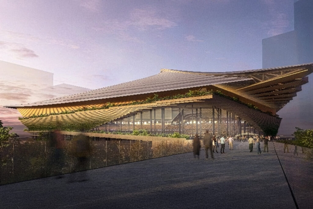 CGI Render Stadium at dusk of Tsukiji District Redevelopment Project