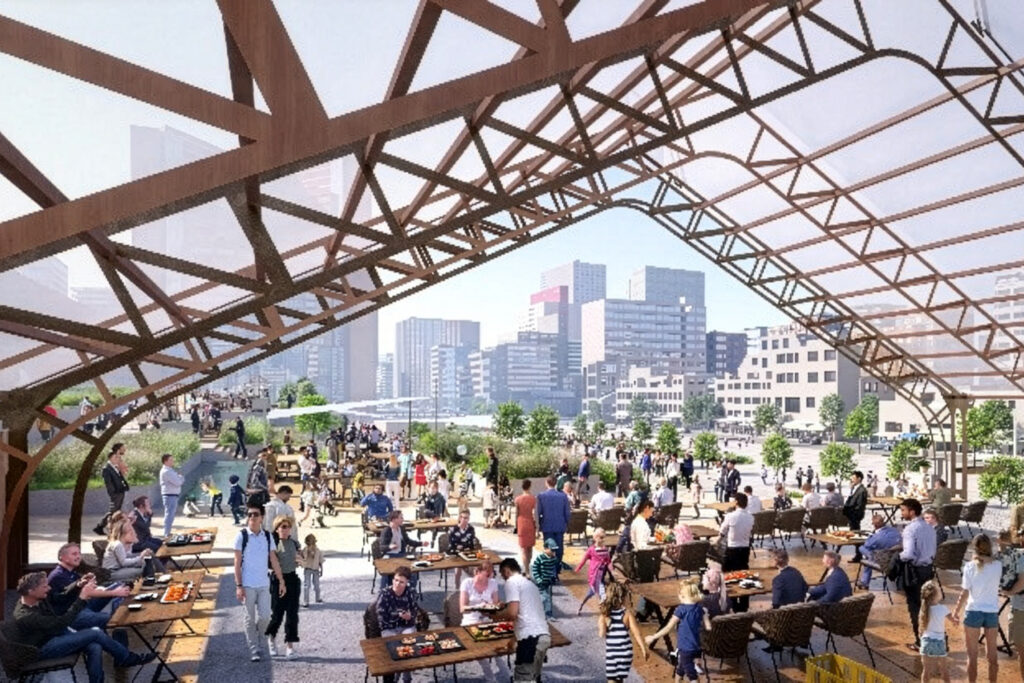 CGI Render some of the outside spaces in Tsukiji District Redevelopment Project