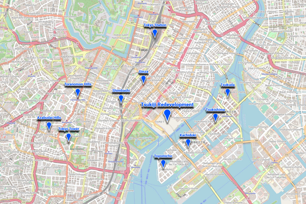 An image of a Map Showing the important features near to the Tsukiji Redevelopment.