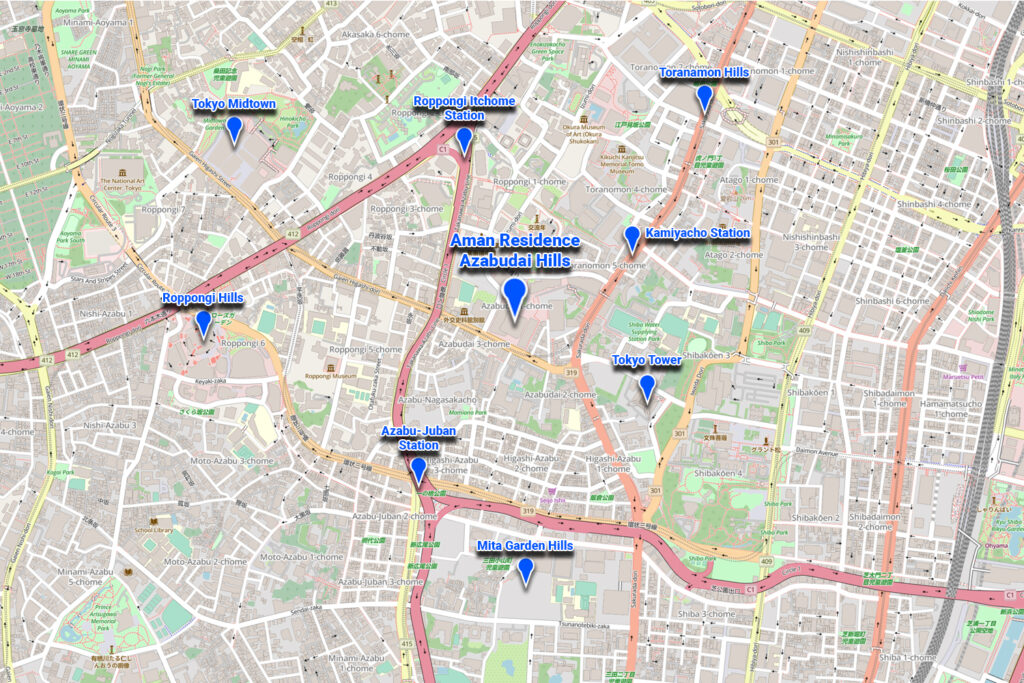 A map showing the location of the Aman Residence as well as nearby locations. 