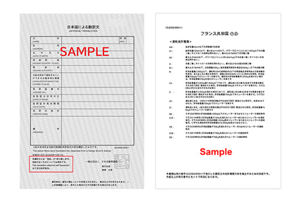 an image of the 2 sample pieces of the JAF Translated License.