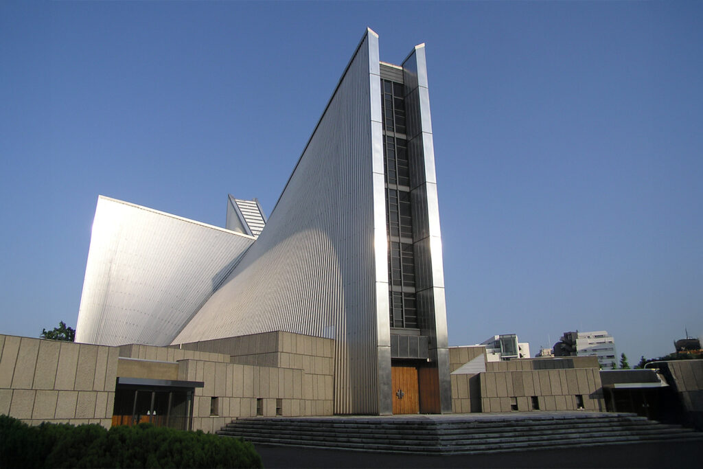 An image of St. Mary's Cathedral in Tokyo which was designed by Kenzō Tange and completed in 1964.