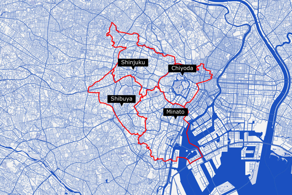 A map of Tokyo showing the 4 central wards where you can buy Minato Apartments, Shibuya Apartments, Shinjuku Apartments, Chiyoda Apartments