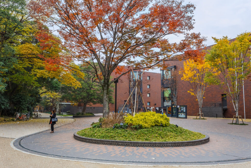 An image of the exterior of Tokyo Metropolitan Art Museum with autumn leaves that match with the red brick of the buildings in the background.