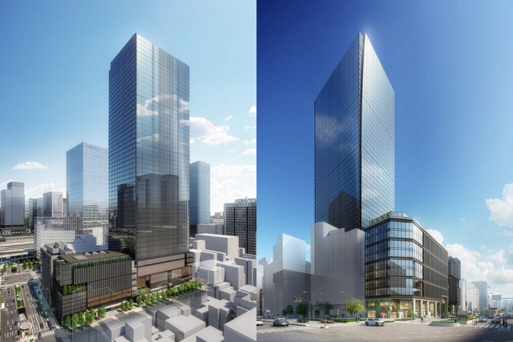 An image of a CGI render of TOFROM YAESU at Tokyo Station high rise showing the exterior from two angles with large amounts of glass and modern design.