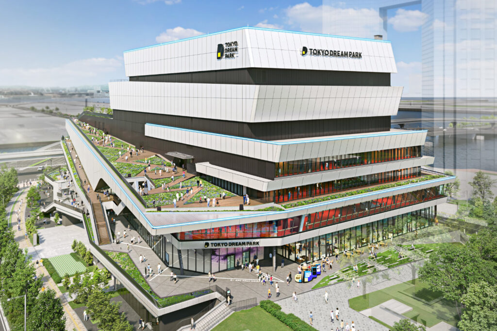 An image of a CGI render of TOKYO DREAM PARK in Ariake showing the exterior with lots a green space and modern angular design