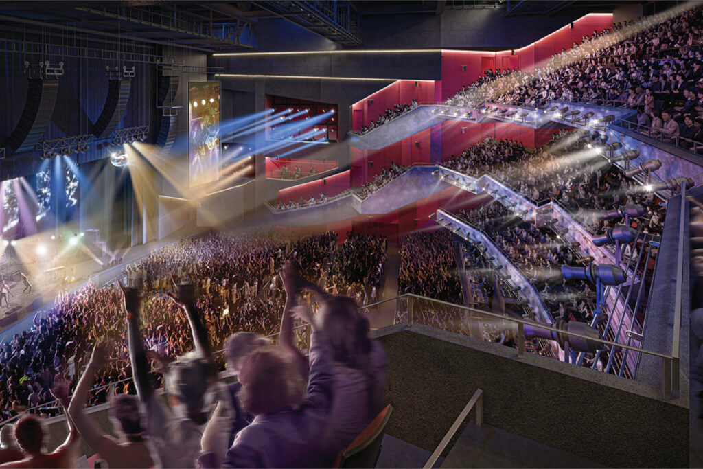 An image of a CGI render of TOKYO DREAM PARK in Ariake showing the concert area interior with people dancing and an act on stage.