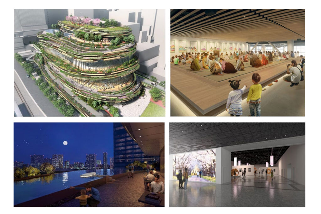 A collection of s images of a CGI renders of MoN Takanawa: The Museum of Narratives, showing the exterior with its curved natural shapes and multiple areas of the interior