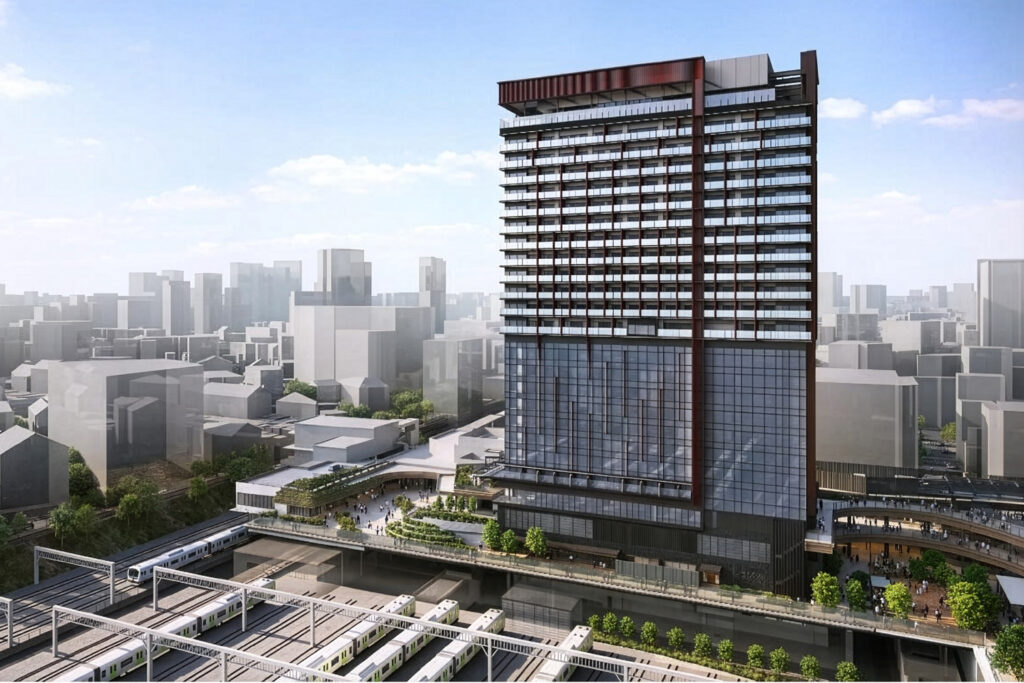 An image of a CGI render of OIMACHI TRACKS in Shinagawa. a modern highrise mix use building in tokyo