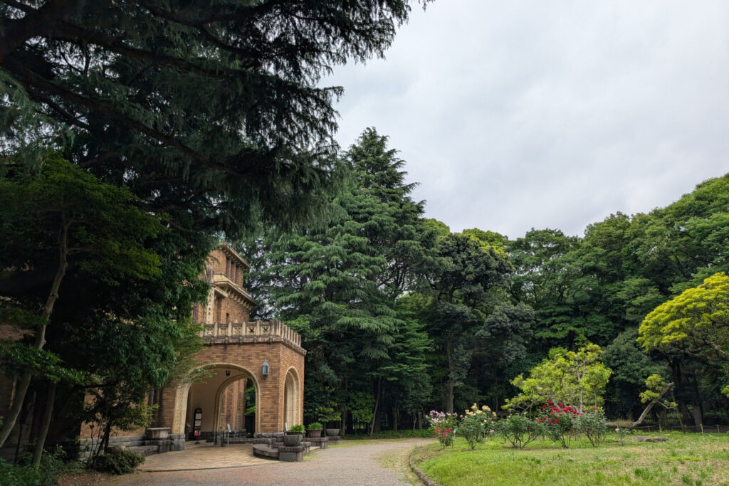 Komaba Park showing the former Marquis Maeda Mansion surrounded with lush green trees