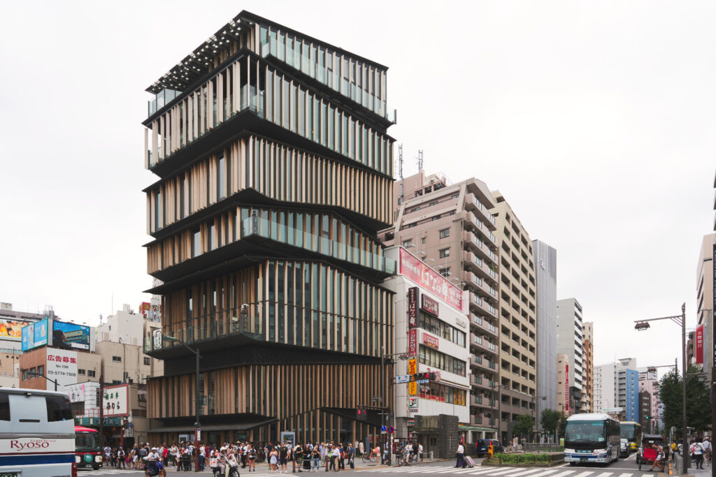 Asakusa Culture Tourist Information Center Tokyo designed by Kengo Kuma showing stacked floors with vertical timber louvers