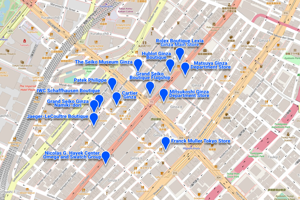 A map of the best luxury watch store in Ginza, Tokyo.