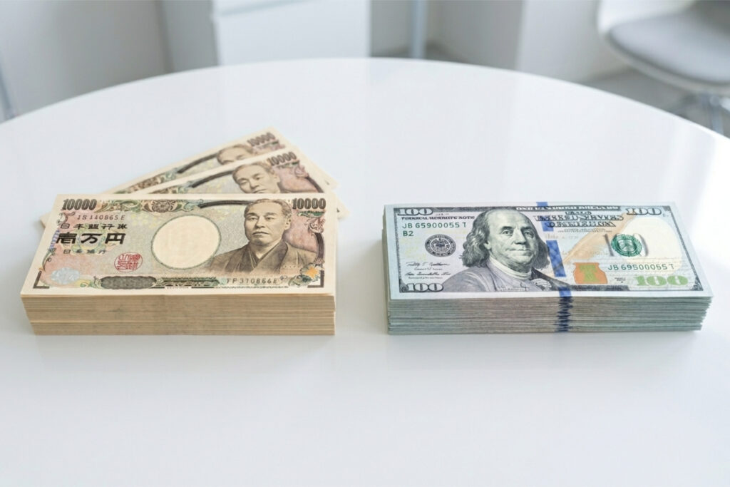 A large stack of 10000 yen notes and 100 dollar bills side by side on a white table