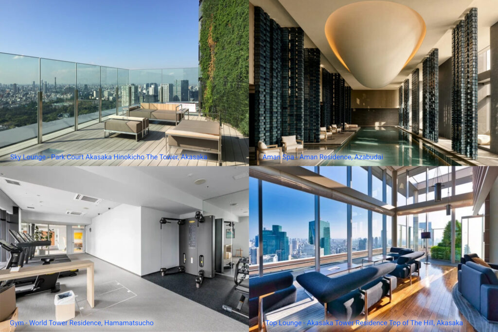 Examples of Tokyo Luxury Penthouse Amenities across multiple High Rise Condo Buildings including Park Court Akasaka Hinokicho The Tower, Aman Residence, World Tower Residence, Akasaka Tower Residence Top of The Hill.
