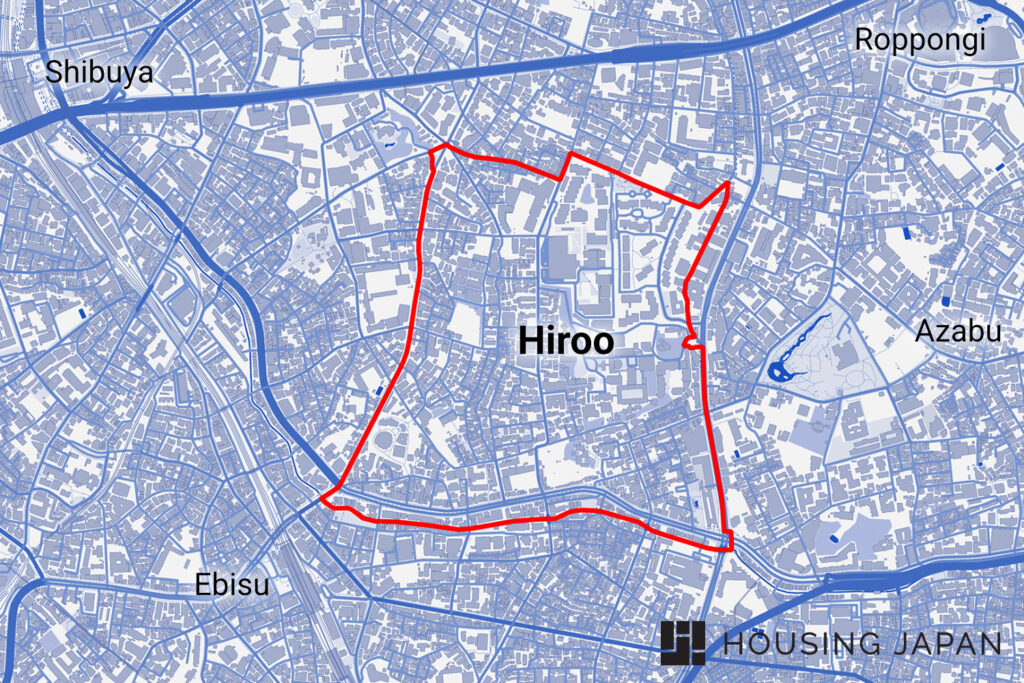 Area Map of Hiroo with surrounding key neighborhoods labeled. Hiroo area guide