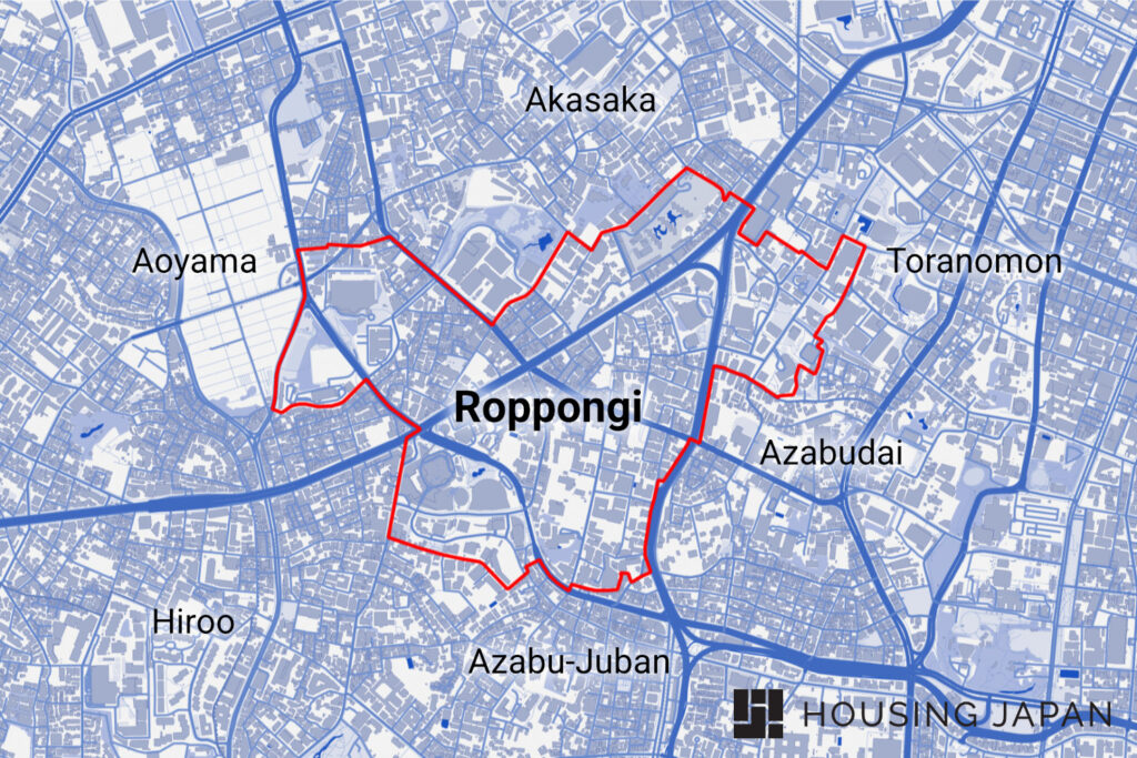 Labeled Map of the Roppongi area with nearby neighborhoods. Roppongi area guide