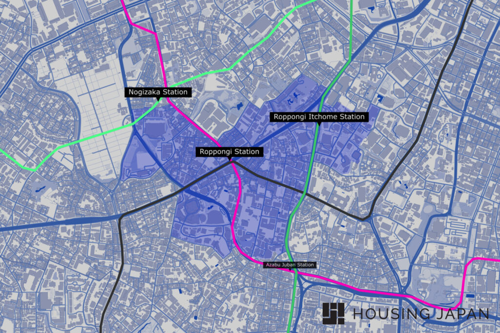 Map of metro and train lines in and near Roppongi, Roppongi area guide
