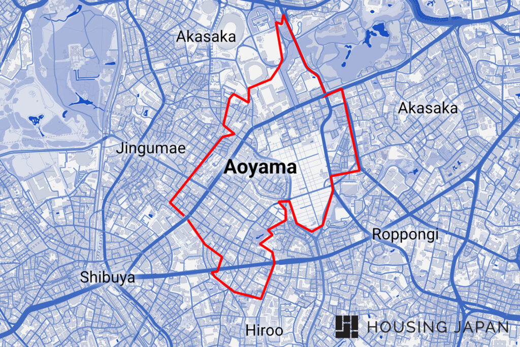 Labeled map of Aoyama area of Tokyo outlined showing its location as well as nearby neighborhoods, Aoyama Area Guide