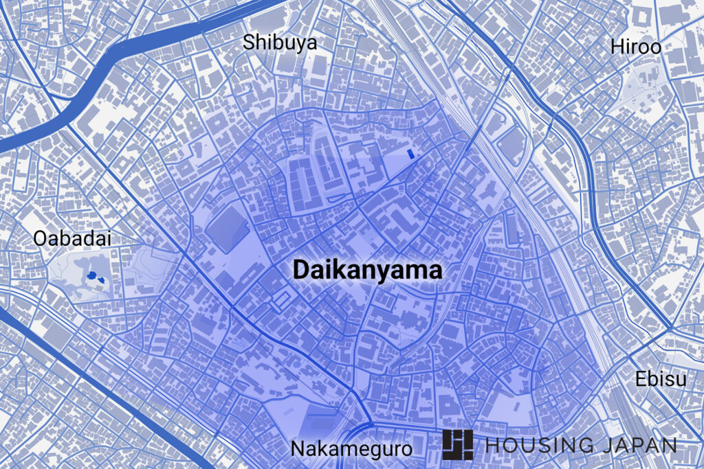 A map showing the Daikanyama area with close by neighborhoods labeled