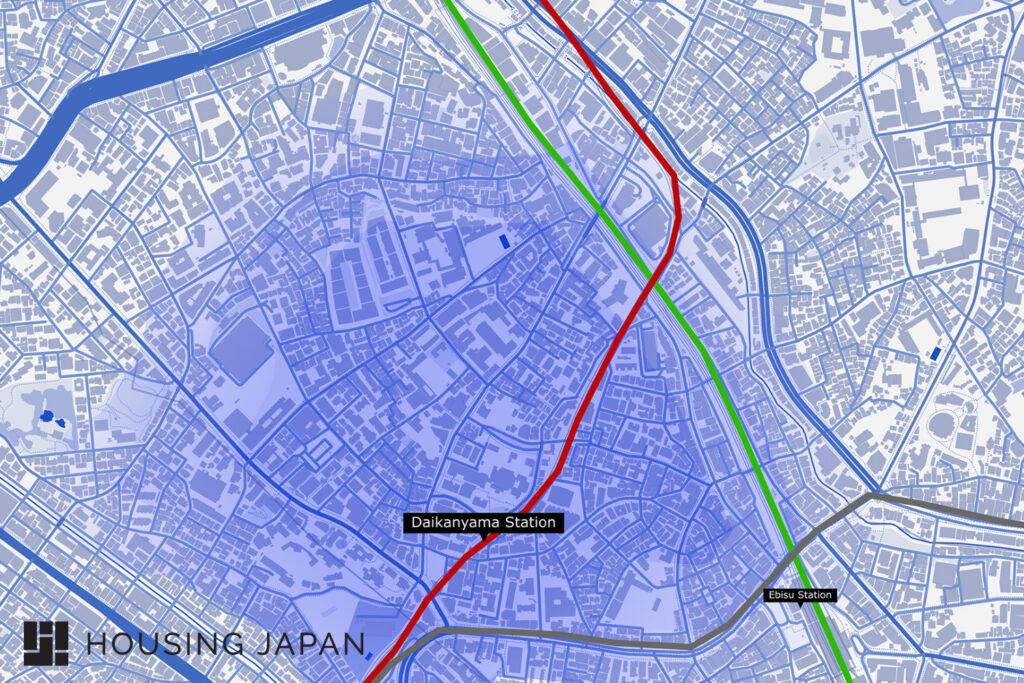 A labeled map showing the train and metro lines that operate in and near Daikanyama